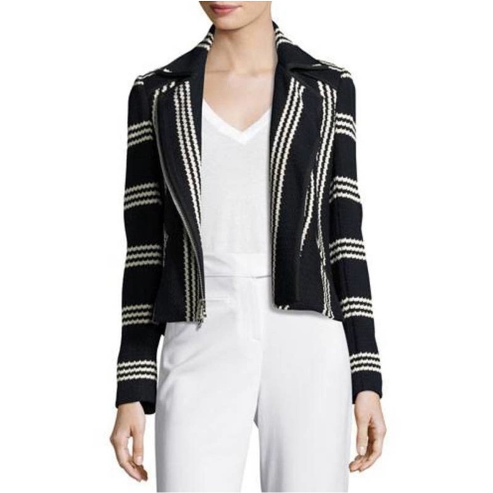 Veronica Beard Navy Bailey Striped Moto Jacket Navy White